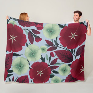 Manta Polar Patrón floral rojo y verde con hojas