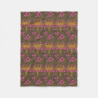 Manta Polar patrón floral rosa de libélula dorada Art Nouveau