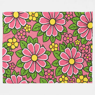 Manta Polar Patrón floral rosa y amarillo con hojas verdes