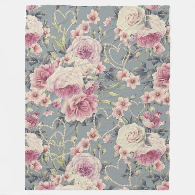 Manta Polar Patrón floral rosado y corazón de la Perla (Anverso)