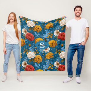 Manta Polar Patrón floral rubio de color vintage en azul