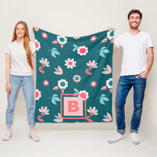 Manta Polar Patrón floral Verde azulado y rosa moderno monogra