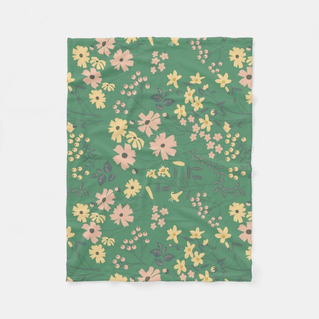 Manta Polar Patrón floral verde boho moderno (Anverso)