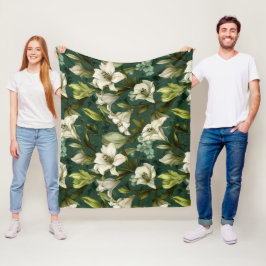 Manta Polar Patrón floral verde de lirio blanco clásico