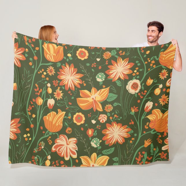 Manta Polar Patrón floral vibrante con flores Naranja y amaril (In situ)