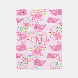 Manta Polar Patrón monograma de ballena rosa con salpicaduras