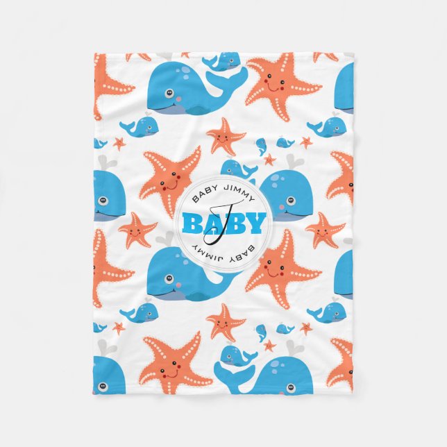 Manta Polar Patrón Monograma de Bebé de ballena y pez estrella (Anverso)