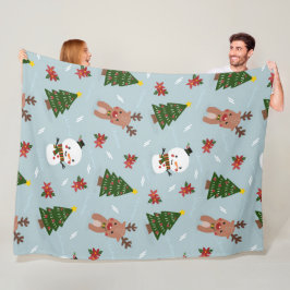 Manta Polar Patrón Navideño Adorable | Muñeco de Nieve, Reno &
