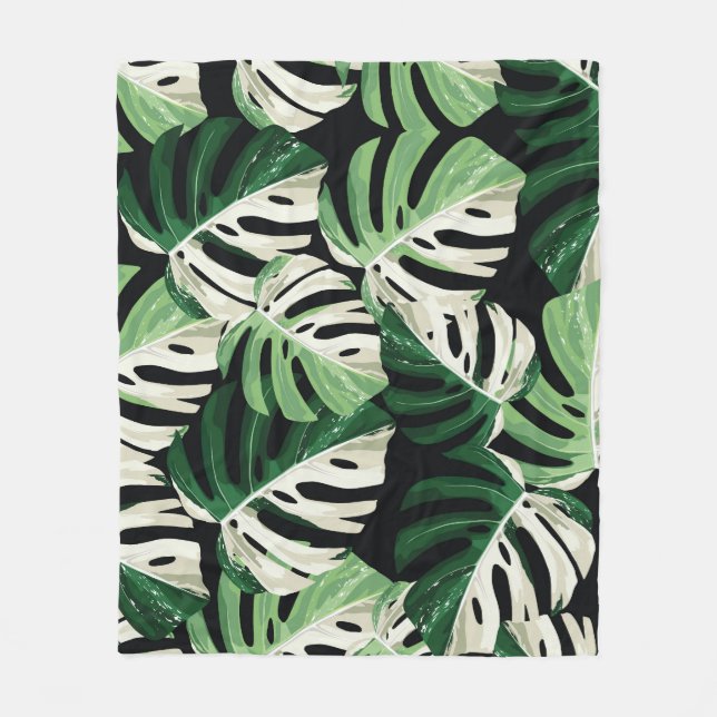 Manta Polar Patrón negro exótico de hojas de monstera (Anverso)