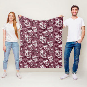 Manta Polar patrón ornamental floral de cráneo de azúcar rojo 