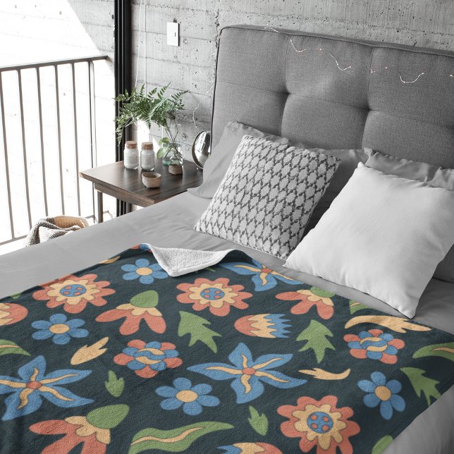 Manta Polar Patrón retro de flores groovy (Groovy Flowers Retro Pattern Fleece Blanket)