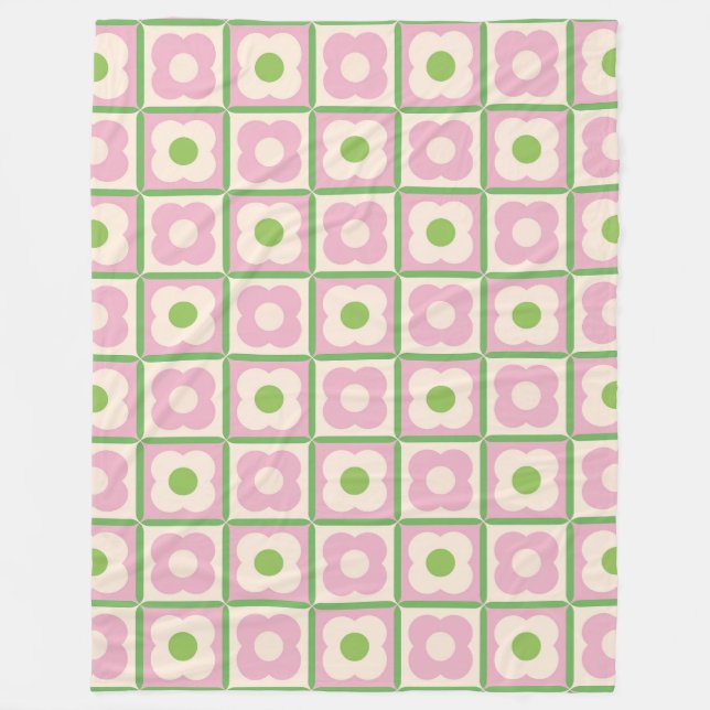 Manta Polar Patrón Retro Floral Checker Rosa y Verde (Anverso)