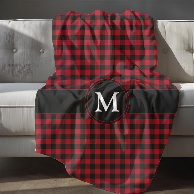 Manta Polar Patrón Rústico Monograma Rojo Y Negro (Rustic Monogram Red And Black Plaid Pattern Fleece Blanket)