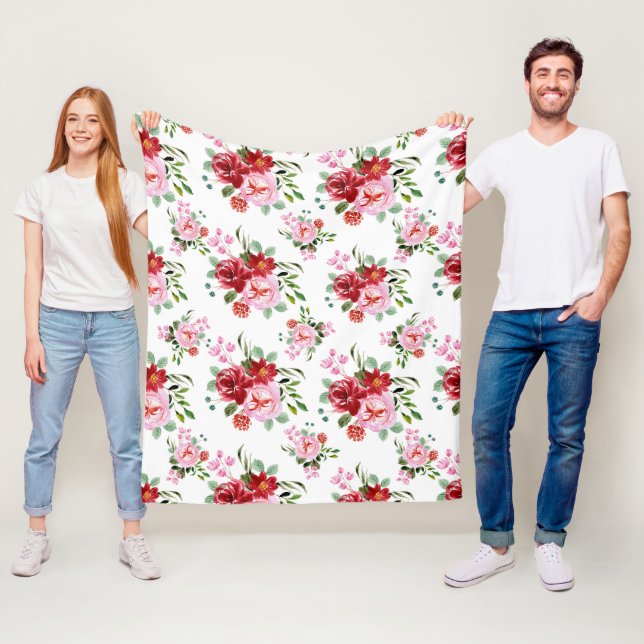 Manta Polar Patrón sin foco acuarela rojo y rosa floral (In situ)
