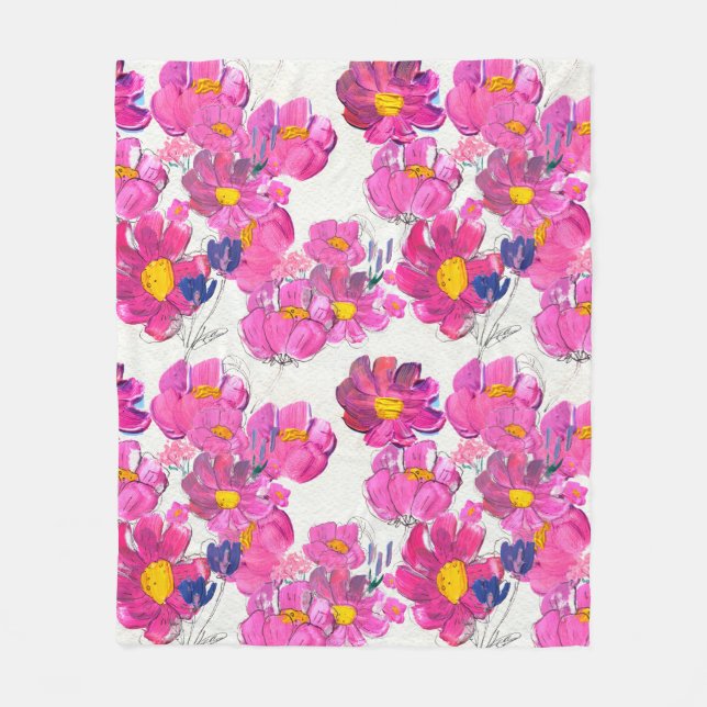 Manta Polar Patrón sin foco con bellas flores. Acuarela (Anverso)