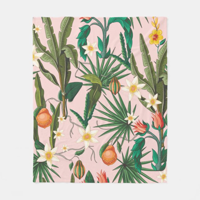 Manta Polar Patrón sin foco con hojas tropicales, flores y f (Anverso)