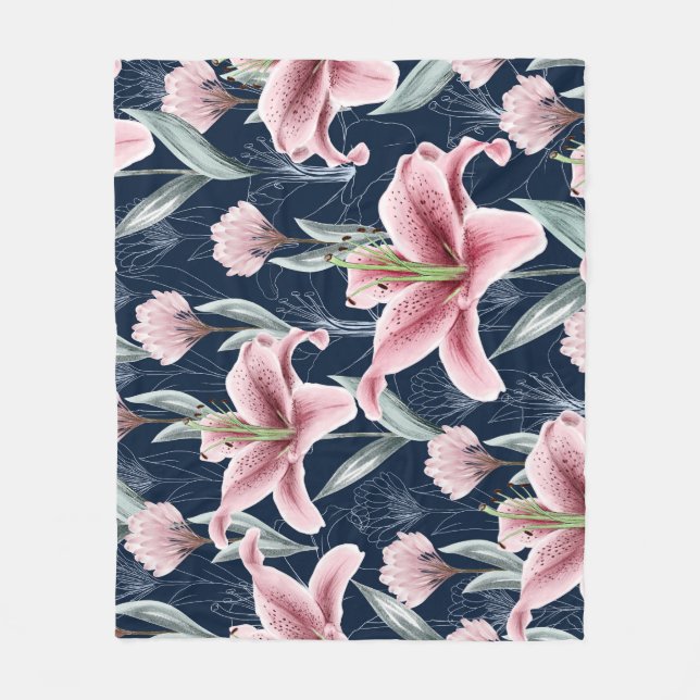 Manta Polar Patrón sin foco de flor rosa Lilly. (Anverso)