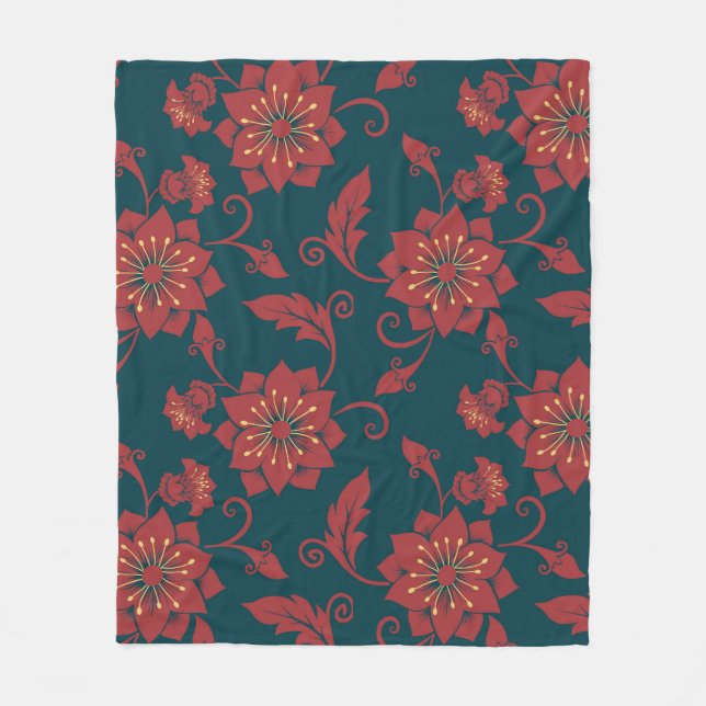 Manta Polar Patrón sin soldadura de Damask floral rojo (Anverso)