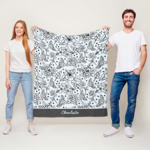 Manta Polar Patrón sin soldadura floral en blanco y negro con 