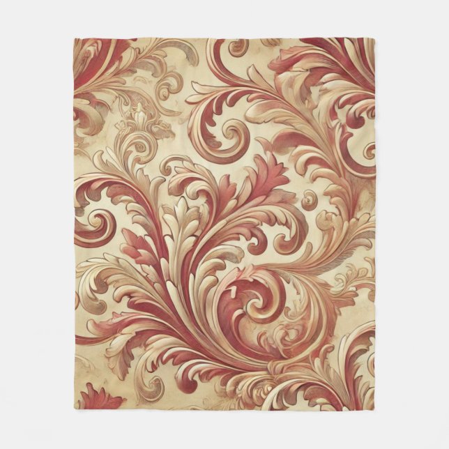 Manta Polar Patrón suave de Damasco rojo y dorado (Anverso)