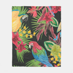Manta Polar Patrón transparente de pintura acuarela con loros 