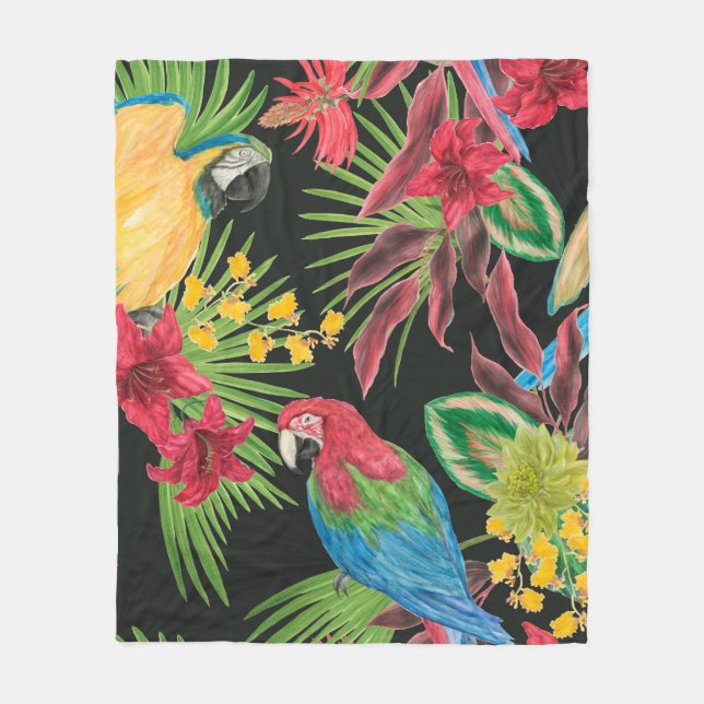 Manta Polar Patrón transparente de pintura acuarela con loros  (Anverso)