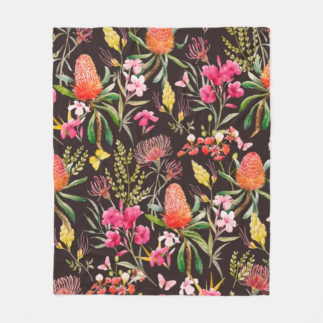 Manta Polar Patrón tropical acuarela, flores, bansias o (Anverso)