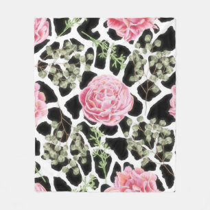 Manta Polar Patrón y flores de jirafa rosa y negra