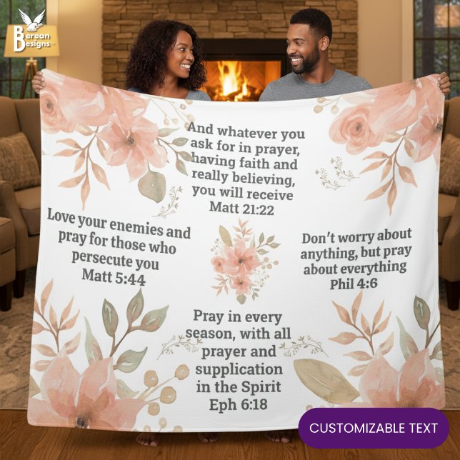 Manta Polar Peach Floral Christian PRAYER  (Christian Scripture Floral Prayer Blanket with CUSTOMIZABLE TEXT to add your favorite Bible verses)