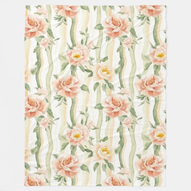 Manta Polar Peach Mint Roses Floral Stripes Birthday (Anverso)