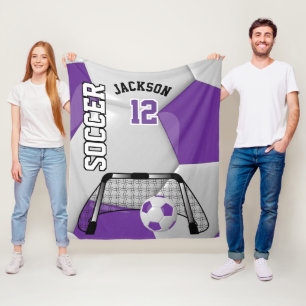 Manta Polar Pelota de fútbol púrpura y blanca con texto DIY