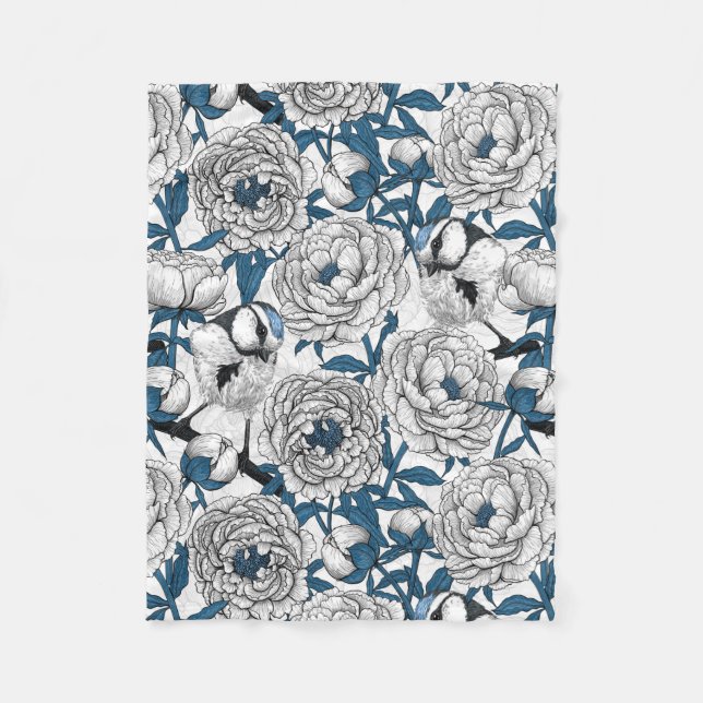 Manta Polar peonías blancas y aves de teta azul (Anverso)