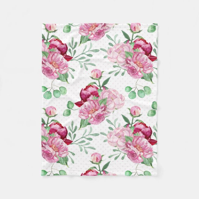 Manta Polar peonías rosadas de acuarela (Anverso)