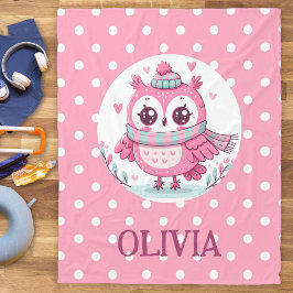 Manta Polar Pequeña lechuza rosa y puntos de polka