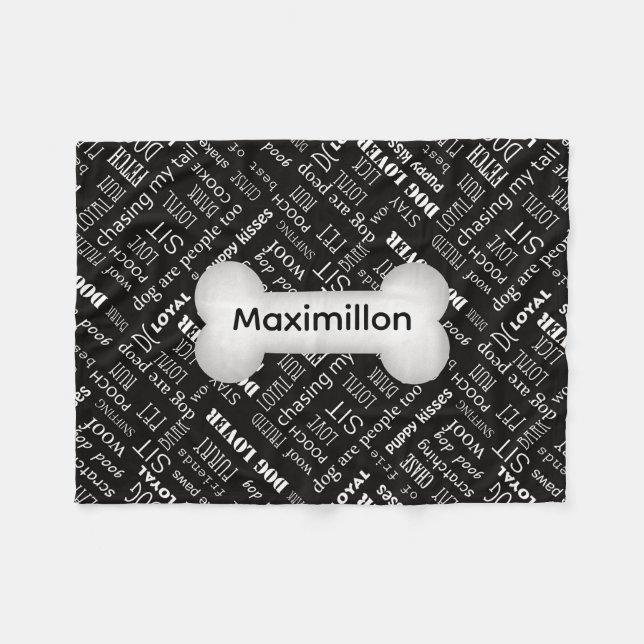 Manta Polar PEQUEÑO Negro con Hueso y Nombre de Perro Blanco (Frente (Horizontal))