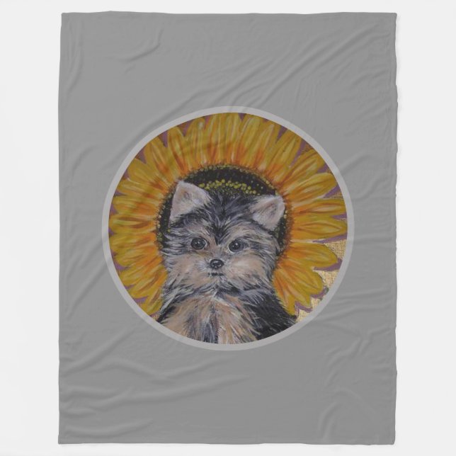 Manta Polar Perrito Adorable, Girasol sobre Gris Plateado (Anverso)