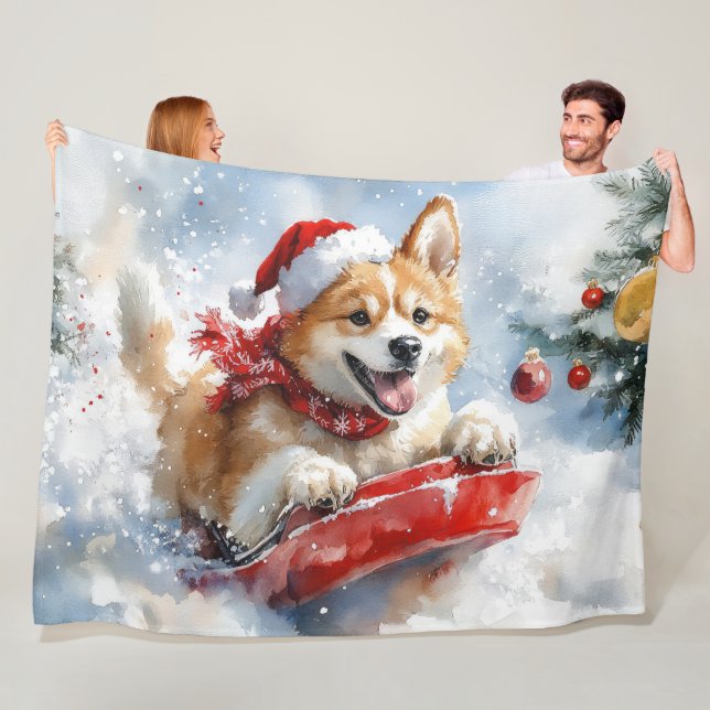 Manta Polar Perro Akita con manchas deja que nieve Navidades (In situ)