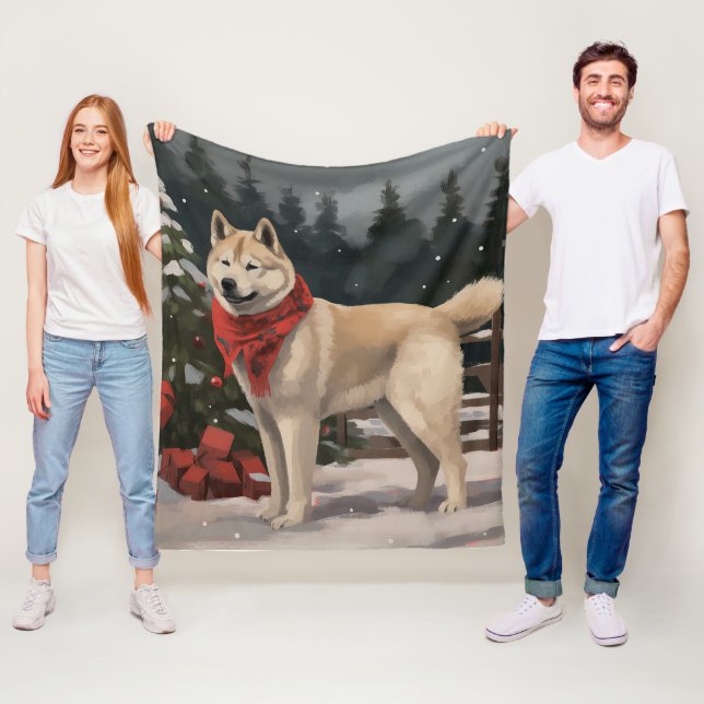 Manta Polar Perro Akita en Navidad con nieve (In situ)