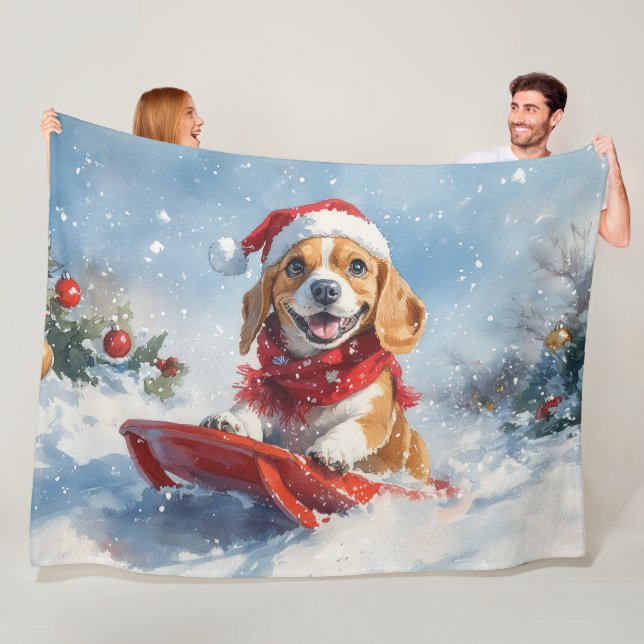 Manta Polar Perro Beagle con manchas y Navidades de nieve (In situ)