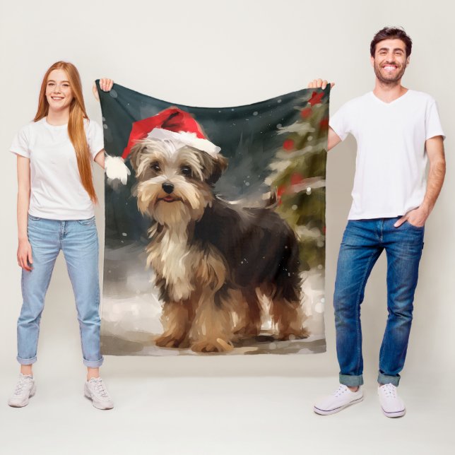 Manta Polar Perro Biewer Terrier en Navidad con nieve (In situ)