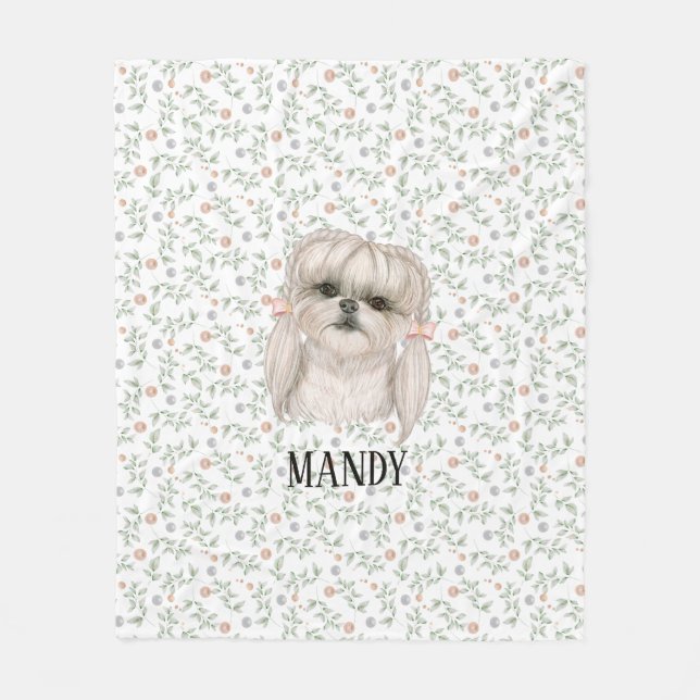 Manta Polar Perro blanco con diseño floral rosa Bonito (Anverso)