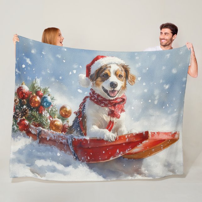 Manta Polar Perro Brittany Spaniel en Trineo de Navidad (In situ)