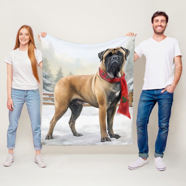 Manta Polar Perro Bullmastiff en Navidad con nieve (In situ)