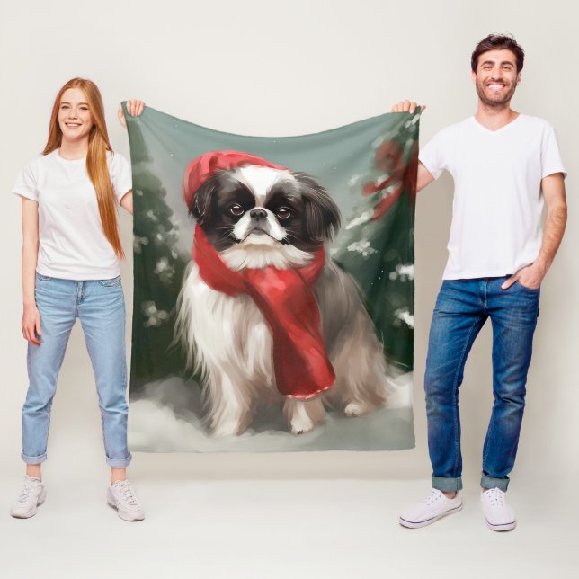 Manta Polar Perro Chin Japonés en Navidad con Nieve  (In situ)