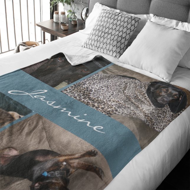 Manta Polar Perro Collage de fotos moderno azul turbio (Capture precious pet moments with our Modern Pet Photo Collage Fleece Blanket. )