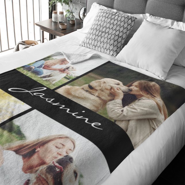 Manta Polar Perro Collage de fotos moderno negro (Capture precious pet moments with our Modern Pet Photo Collage Fleece Blanket. )