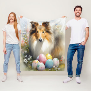 Manta Polar Perro Collie áspero con huevos de Pascua Fiesta 