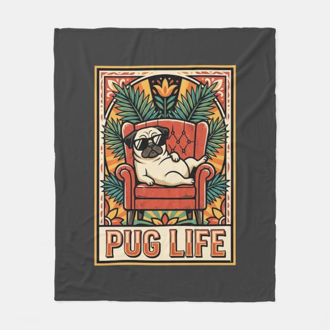 Manta Polar Perro de Arte Popular Retro Pug (Anverso)