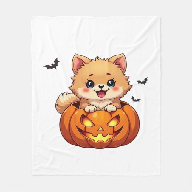 Manta Polar Perro de Pomerania Feliz calabaza de Halloween Cla (Anverso)