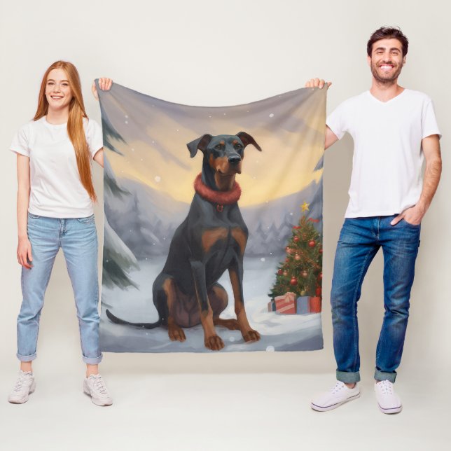Manta Polar Perro Doberman en Navidad con Nieve (In situ)